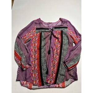 JOE BROWNS Women's 10 Floral Patchwork Boho Dressy Tunic Blouse Top Lace Up